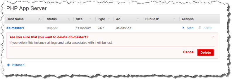 Confirmation dialog for deleting a stopped database instance, warning of data loss.