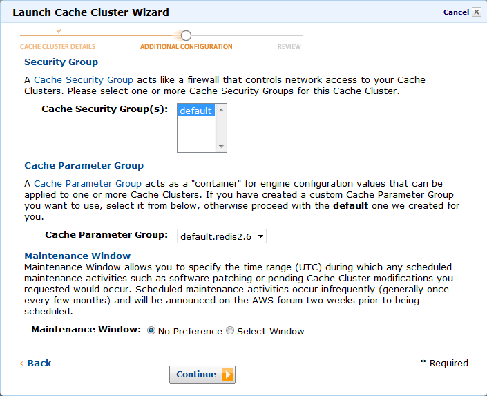 Cache 클러스터 Wizard configuration page with security group, parameter group, and maintenance window options.