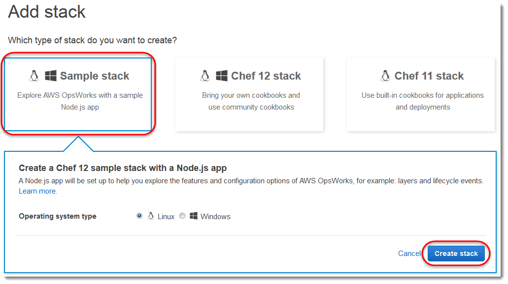 Add stack interface with options for Sample stack, Chef 12 stack, and Chef 11 stack.