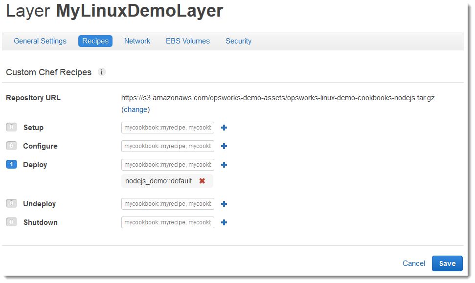 Custom Chef Recipes configuration panel with Repository URL and lifecycle stages for a Linux demo layer.