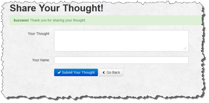 Form with success message, text input fields for thought and name, and submit buttons.