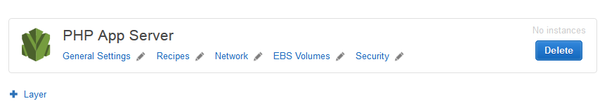 PHP App Server layer with options for General Settings, Recipes, Network, EBS Volumes, and Security.