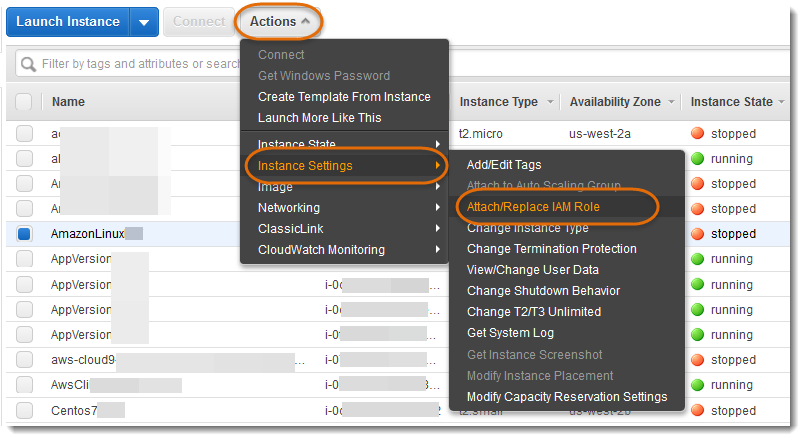 AWS EC2 console showing Instance Settings menu with Attach/Replace IAM Role option highlighted.