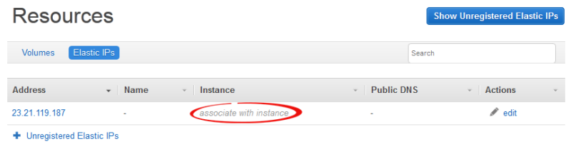 Elastic IP address row with "associate with instance" highlighted in the Instance column.