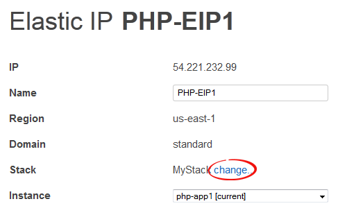 Elastic IP configuration panel showing IP address, name, region, domain, stack, and instance details.