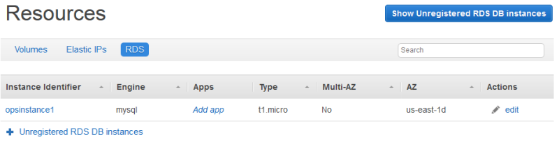 RDS resources page showing one MySQL instance with options to add or edit.