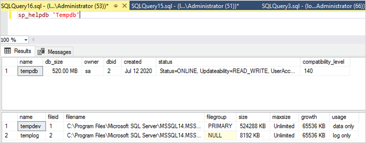 Finding the logical and physical file name of the tempdb database