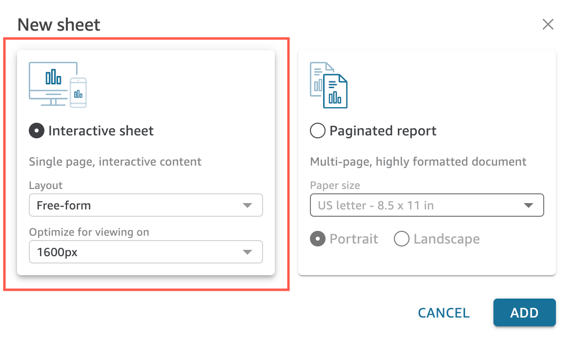 Dialog for creating a new sheet with options for interactive or paginated report types.