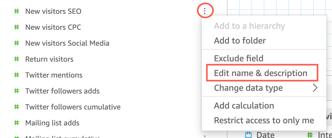 Dropdown menu showing options to edit field properties, including "Edit name & description".