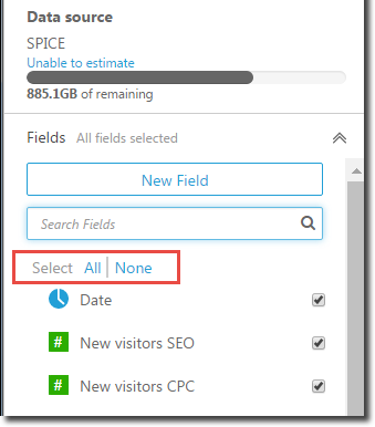 Fields pane showing data source, remaining storage, and options to select or deselect all fields.