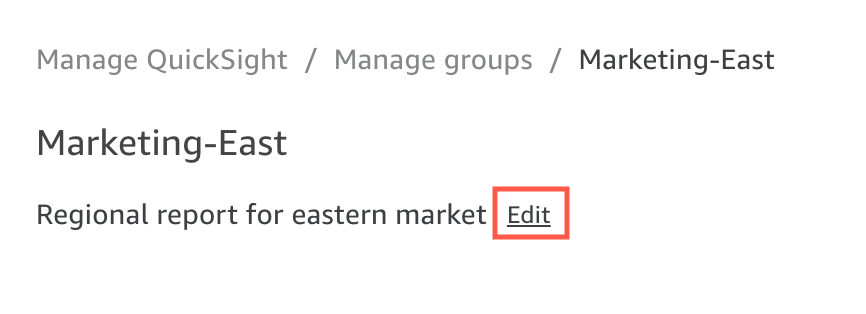 Marketing-East group page showing "Regional report for eastern market" with Edit option.