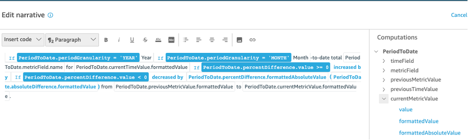 Edit narrative window with text editor and Computations list for customizing insights.