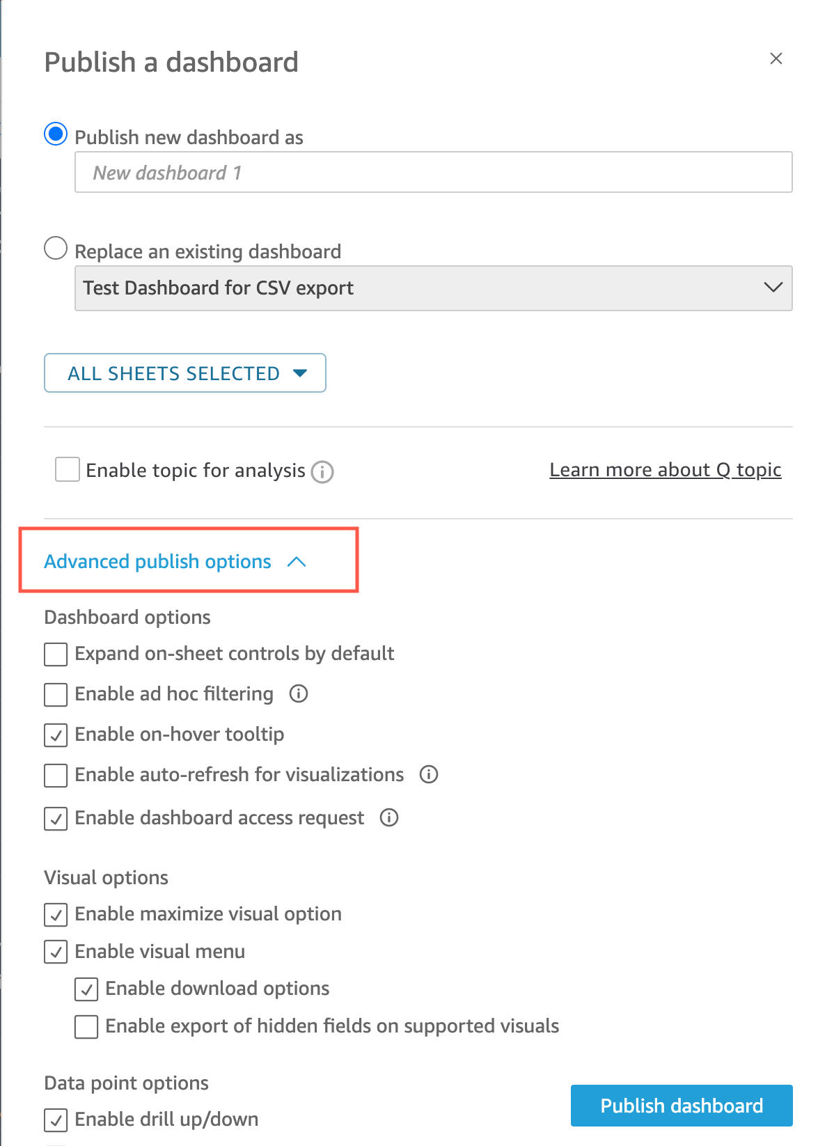 Dashboard publishing options interface with advanced settings expanded.