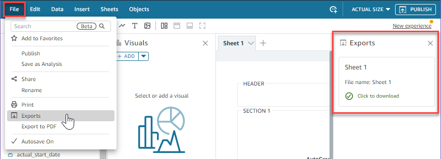 File menu expanded showing Exports option highlighted, with Exports panel displaying Sheet 1 details.