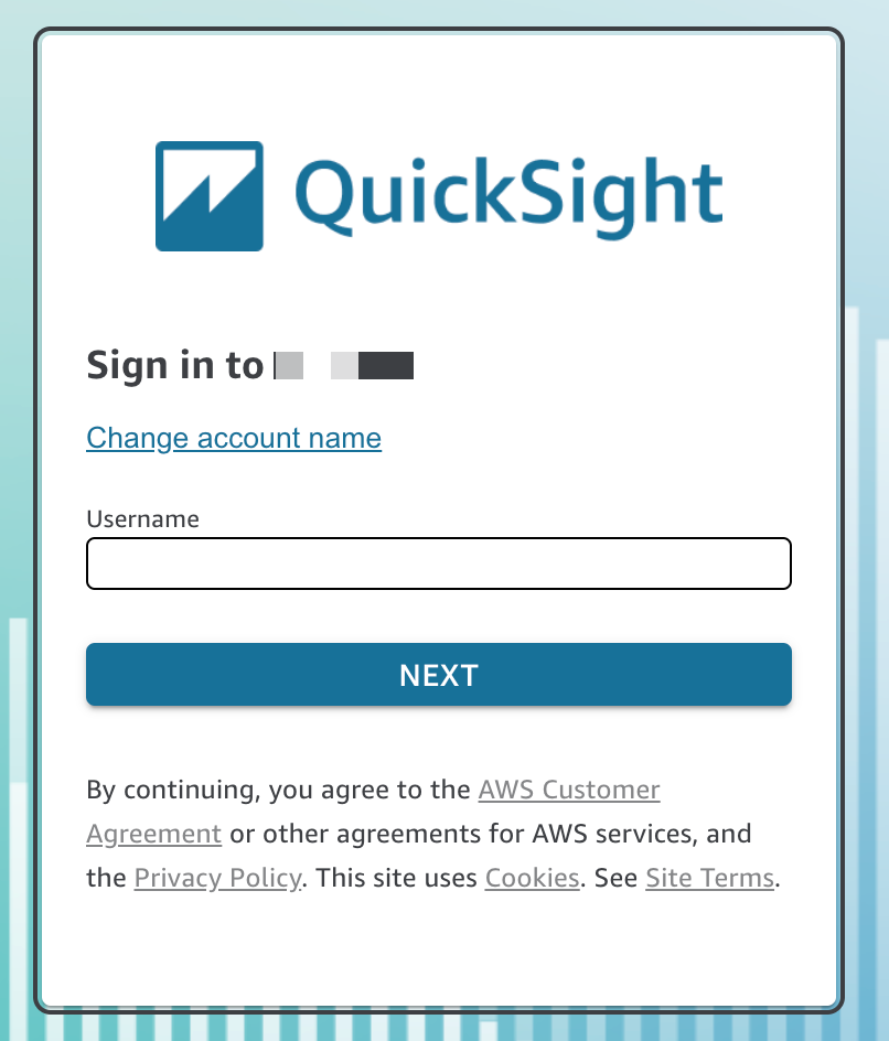 QuickSight sign-in page with username field and Next button.