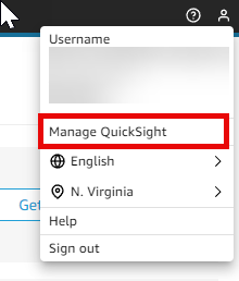 Dropdown menu showing options including "Manage QuickSight" highlighted in red.