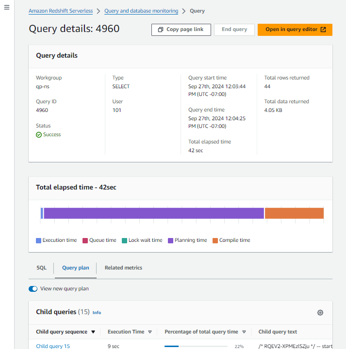 Query details interface showing execution time, data returned, and performance breakdown for query 4960.