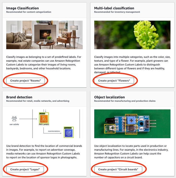 이미지 분류 (객실), 다중 라벨 분류 (꽃), 브랜드 감지 (로고) 및 객체 로컬라이제이션 (회로판) 을 위한 “프로젝트 생성” 버튼이 있는 Amazon Rekognition 서비스 예제.