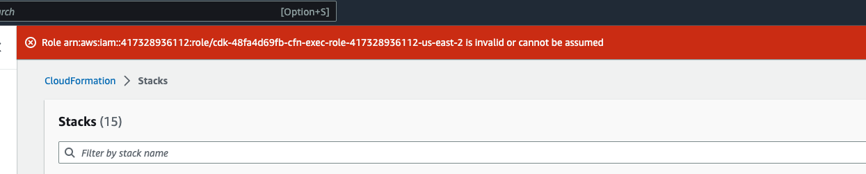 CloudFormation 잘못된 역할의 오류를 보여주는 스택 창