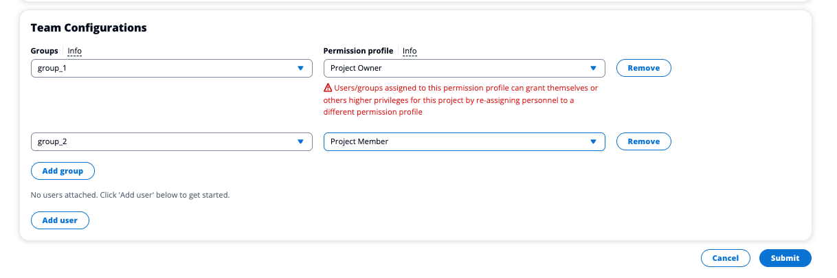 Team configurations interface showing group assignments and permission profiles for a project.