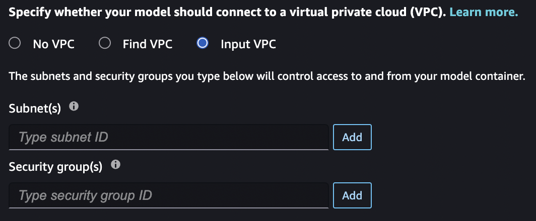 JumpStart Security Settings VPC section with Input VPC selected.