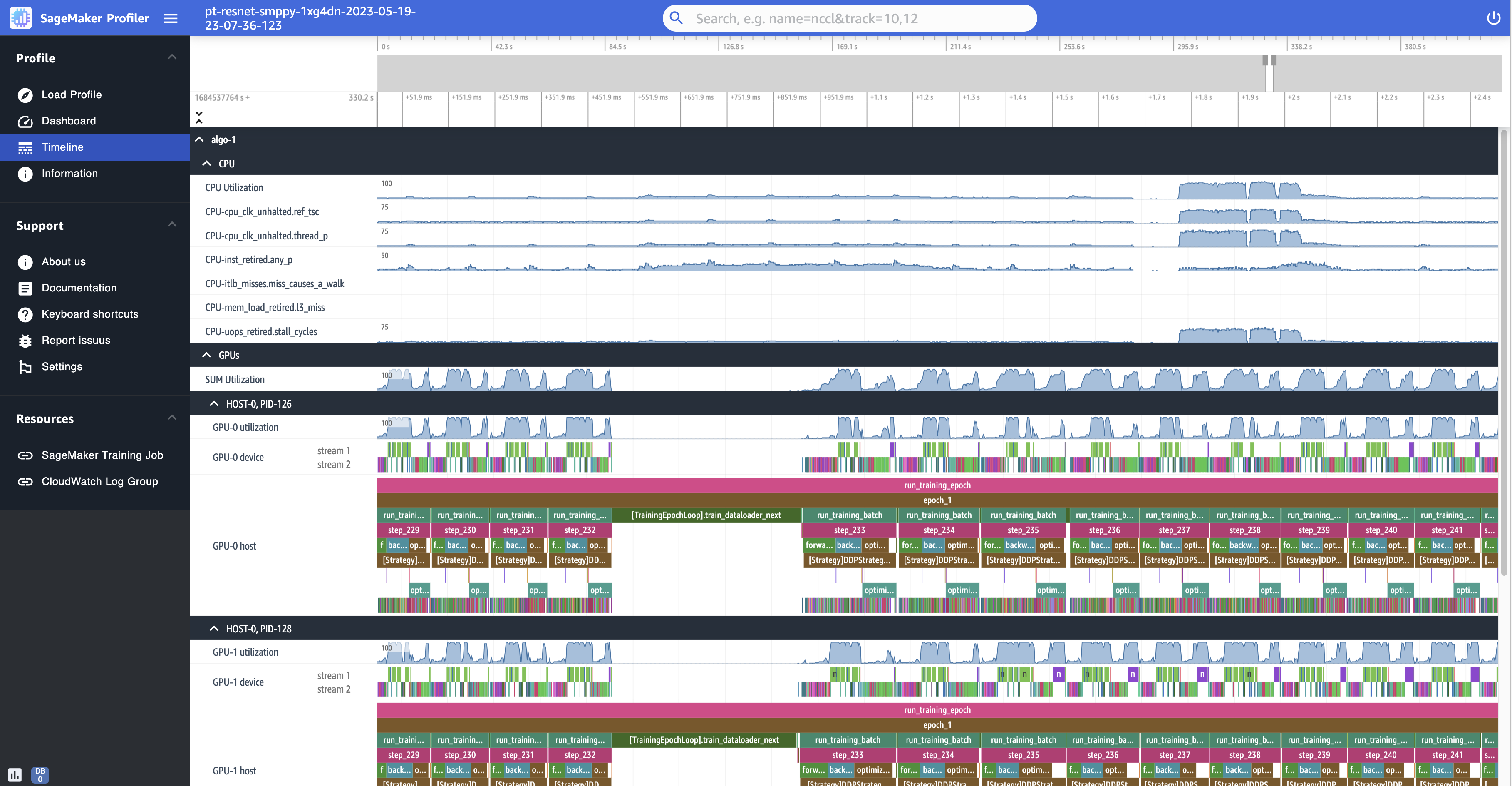 SageMaker 프로파일러 UI의 타임라인 페이지 스크린샷으로, 샘플 교육 작업의 프로필을 시각화합니다.
