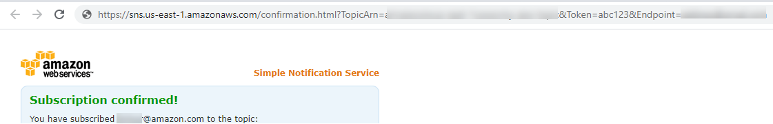 Amazon Web Services Simple Notification Service subscription confirmation page.