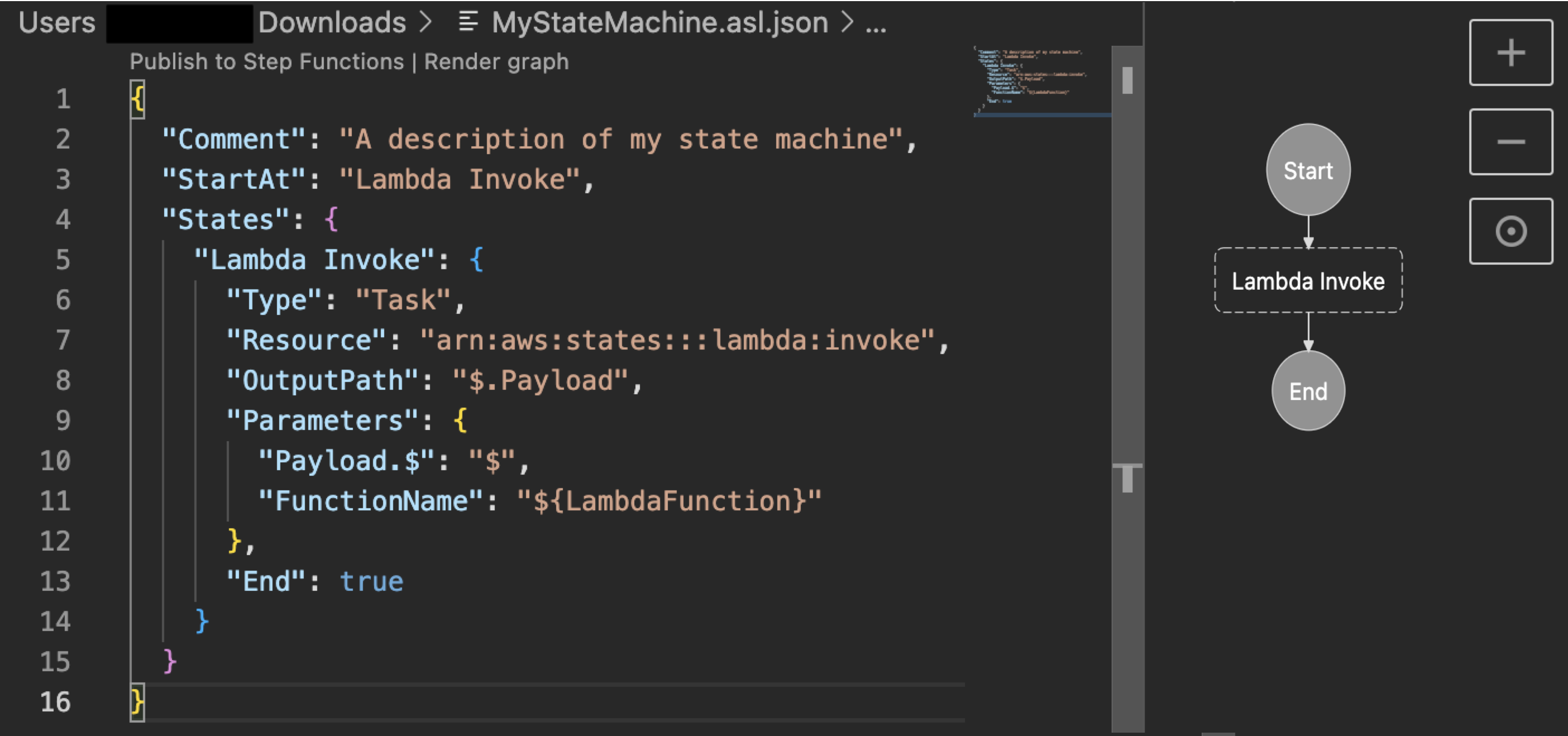 Visual Studio Code의 워크플로에 대한 ASL 정의 및 시각적 표현의 스크린샷입니다.