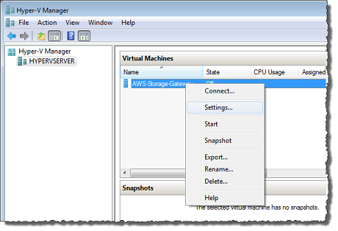 Storage Gateway VM의 컨텍스트 메뉴 설정이 표시된 Microsoft Hyper-V 가상 머신 화면입니다.