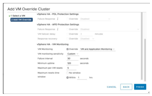 VMware vSphere 재정의 옵션이 구성된 VM 재정의 클러스터 추가 화면