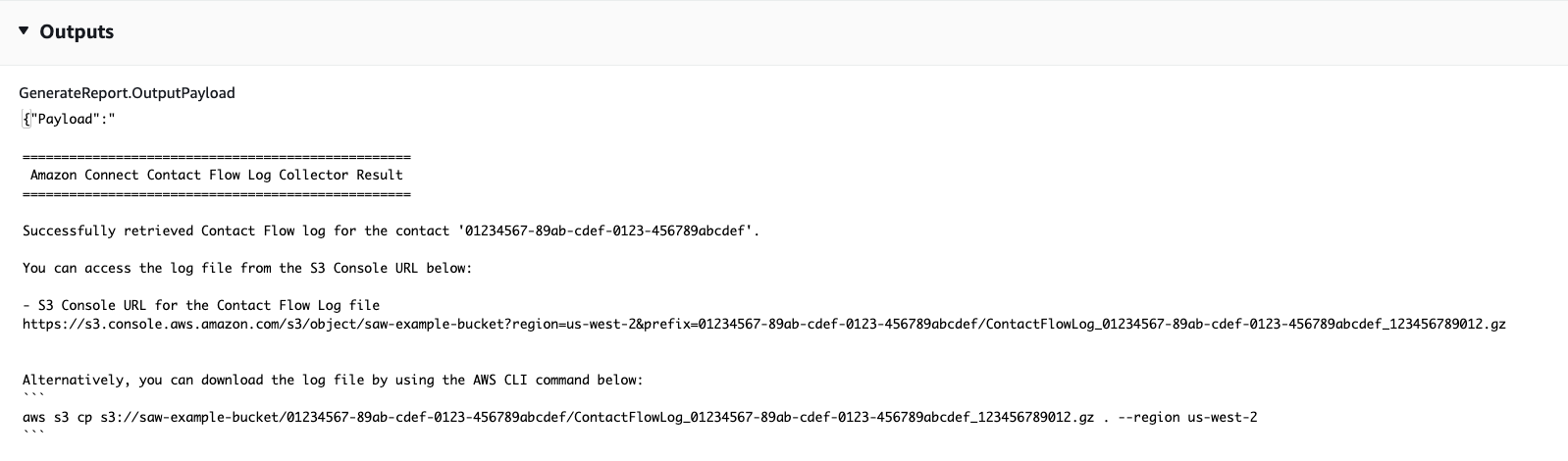 Output showing successful retrieval of Contact Flow log with S3 Console URL and AWS CLI command.