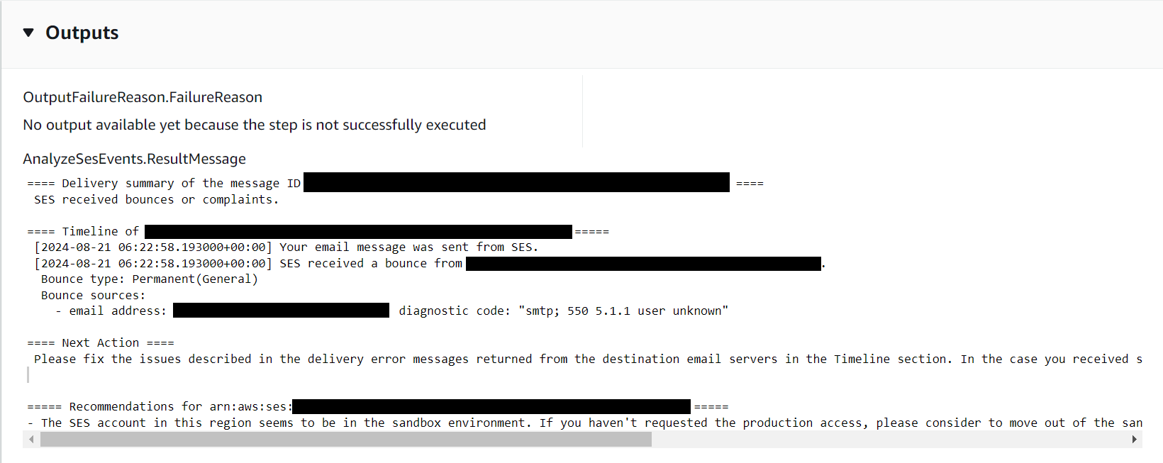 Email delivery error message showing a permanent bounce due to unknown user, with timeline and recommendations.