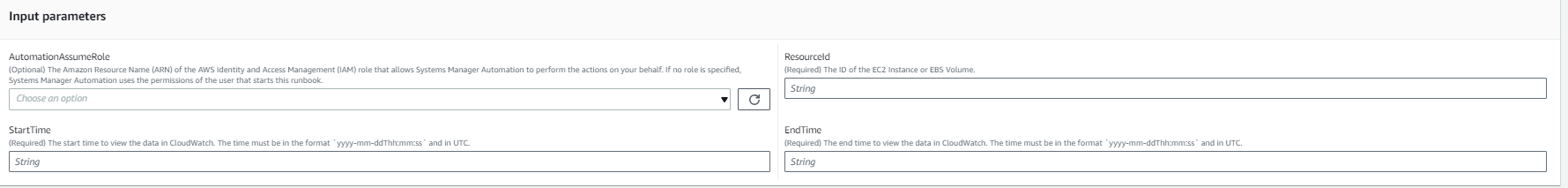 Input parameters form for AWS Systems Manager Automation with fields for role, resource ID, and time range.