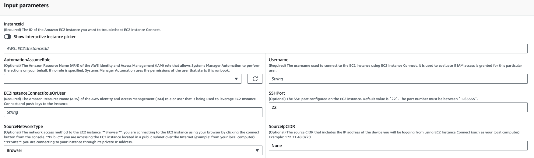 Input parameters form for EC2 Instance Connect troubleshooting with various fields.