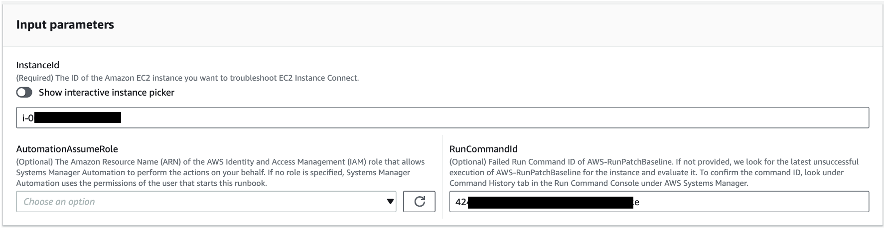 Input parameters form for EC2 Instance Connect troubleshooting with instance ID and optional fields.