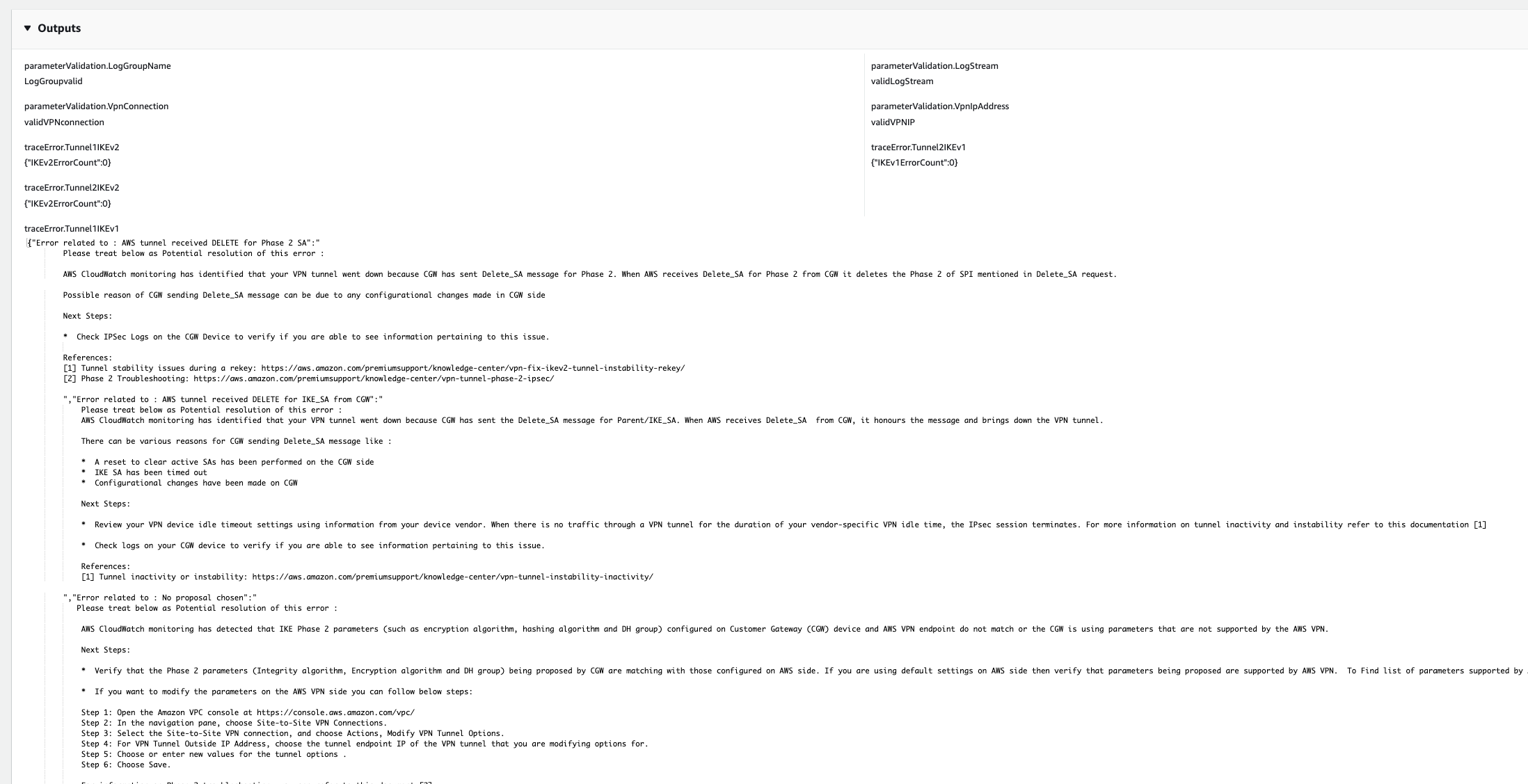 Output section showing parameter validation results and error messages for VPN tunnels.