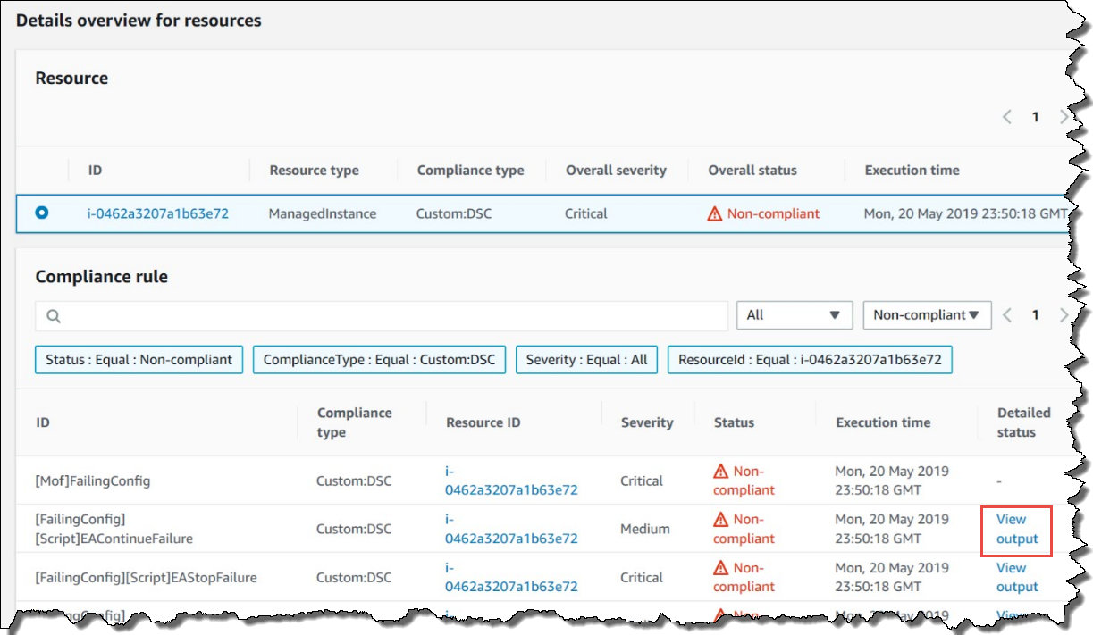 MOF 실행 리소스 실패에 대한 규정 준수 세부 정보 보기