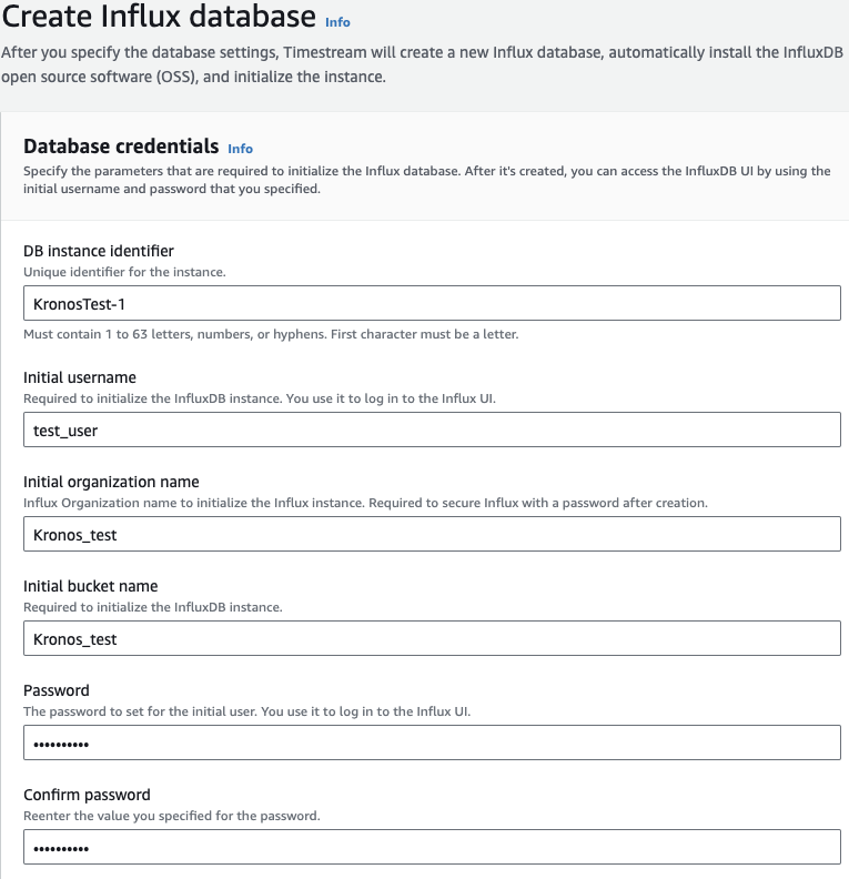 Form for creating an Influx database with fields for credentials and instance settings.