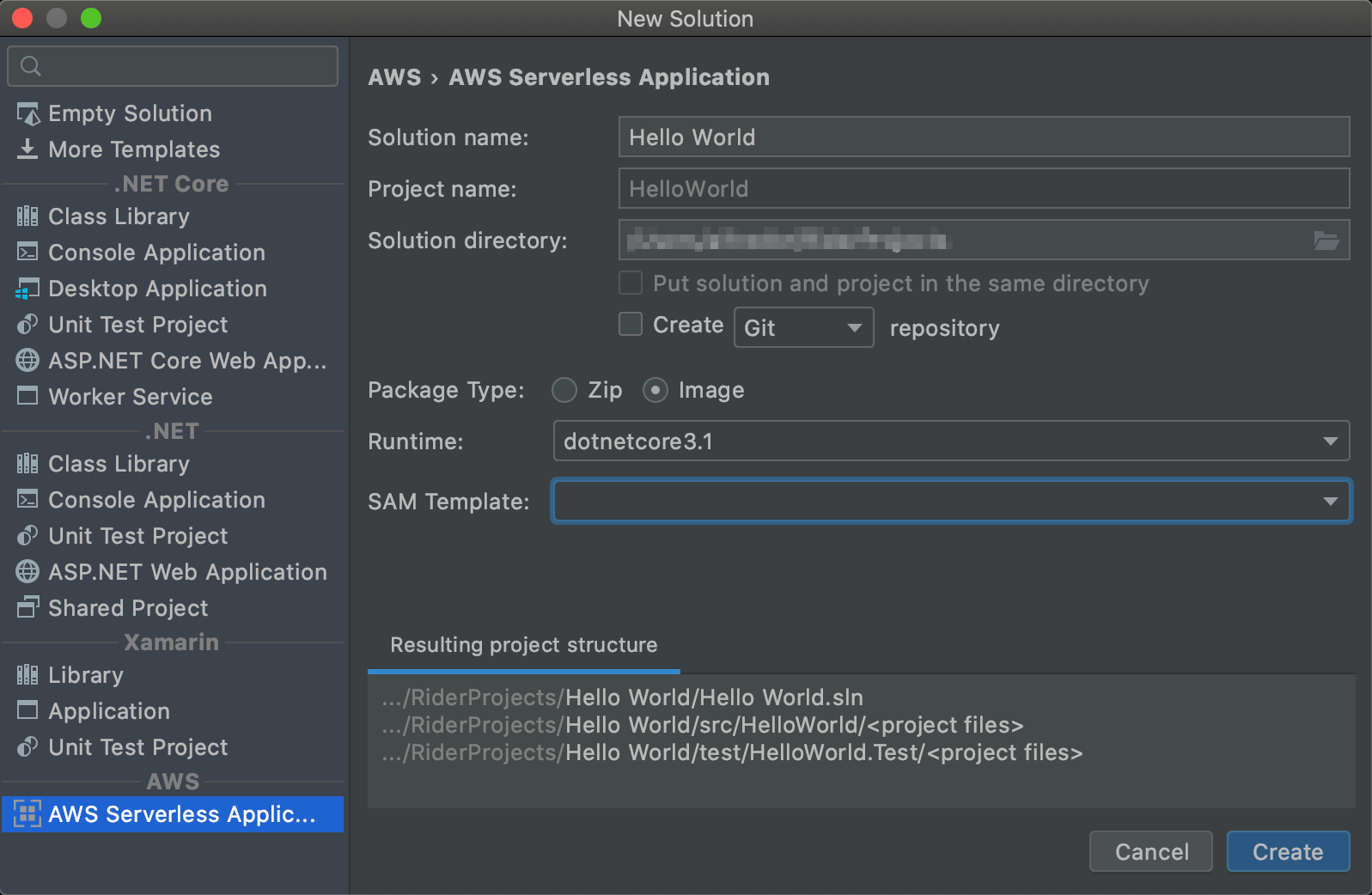 JetBrains Rider의 새 프로젝트 대화 상자