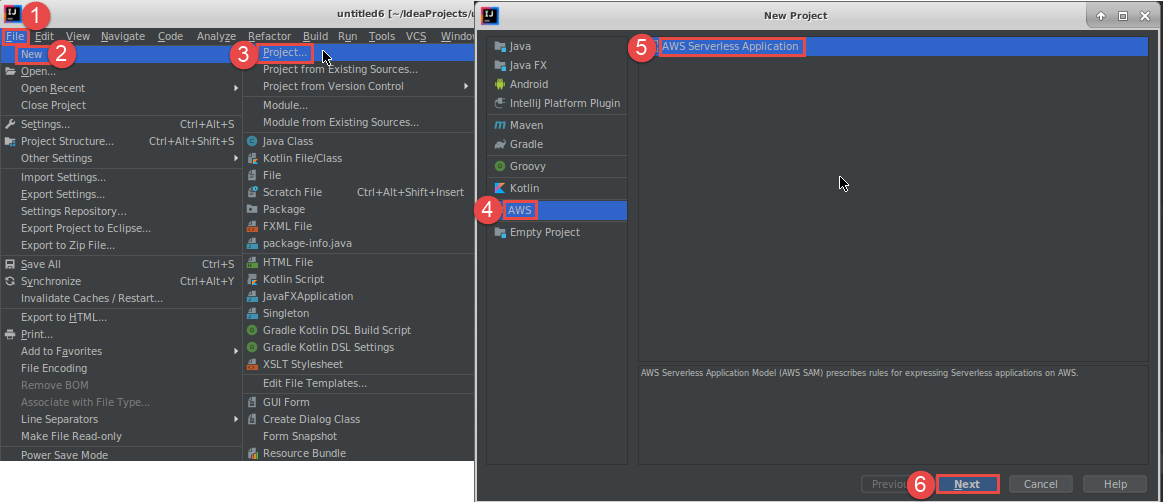 IntelliJ IDEA에서 AWS 서버리스 애플리케이션 생성 선택