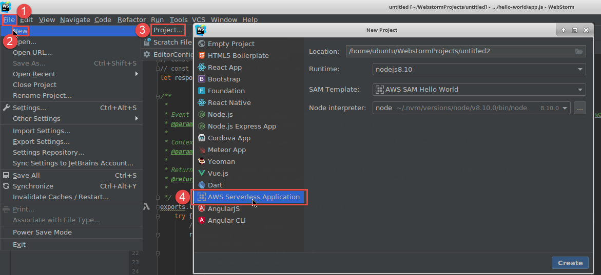 WebStorm에서 AWS 서버리스 애플리케이션 생성 선택