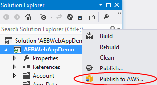 Solution Explorer context menu showing "Publish to AWS..." option for AEBWebAppDemo project.