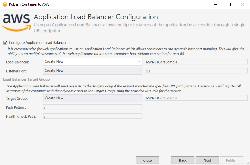 Application Load Balancer configuration interface for AWS with options for load balancer and target group settings.