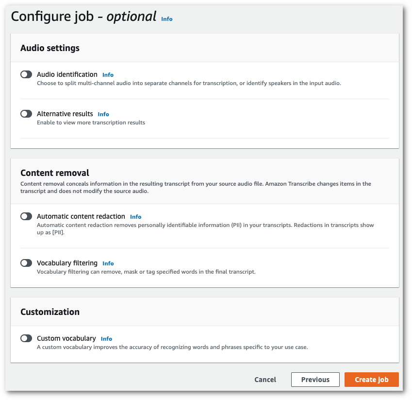 Amazon Transcribe콘솔 스크린샷: '작업 구성' 페이지.