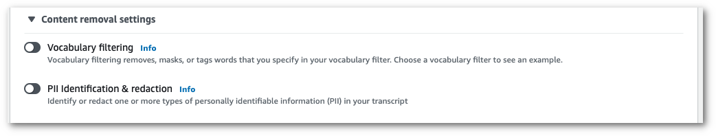 Amazon Transcribe 콘솔 스크린샷: 확장된 '콘텐츠 제거 설정' 패널