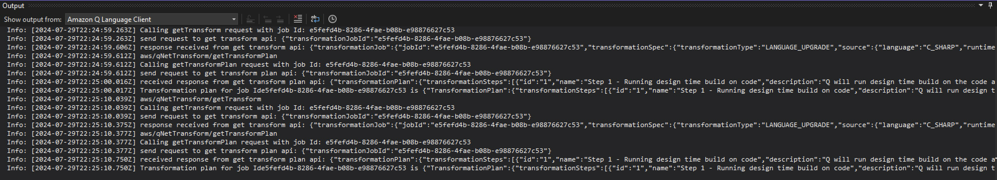 Amazon Q Language Client의 출력을 보여주는 AWS 변환 코드 작업 계획의 스크린샷입니다.
