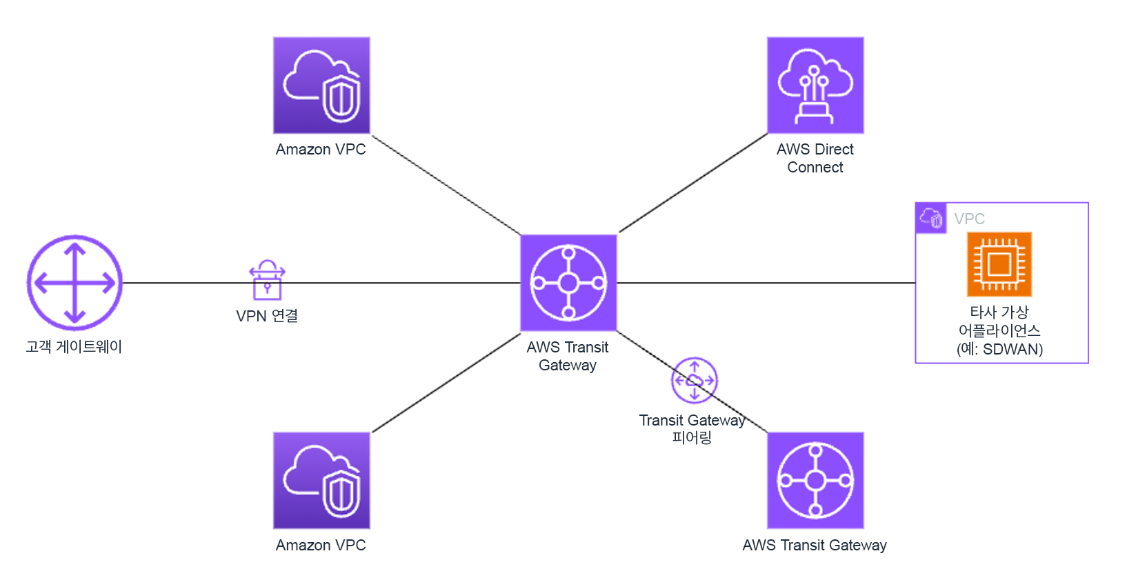 AWS Transit Gateway connecting various services like VPCs, Direct Connect, and third-party appliances.