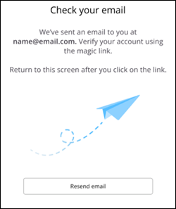 Email verification screen with blue paper airplane icon and text input field for resending email.