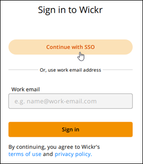 Sign-in page for Wickr with SSO option and work email input field.