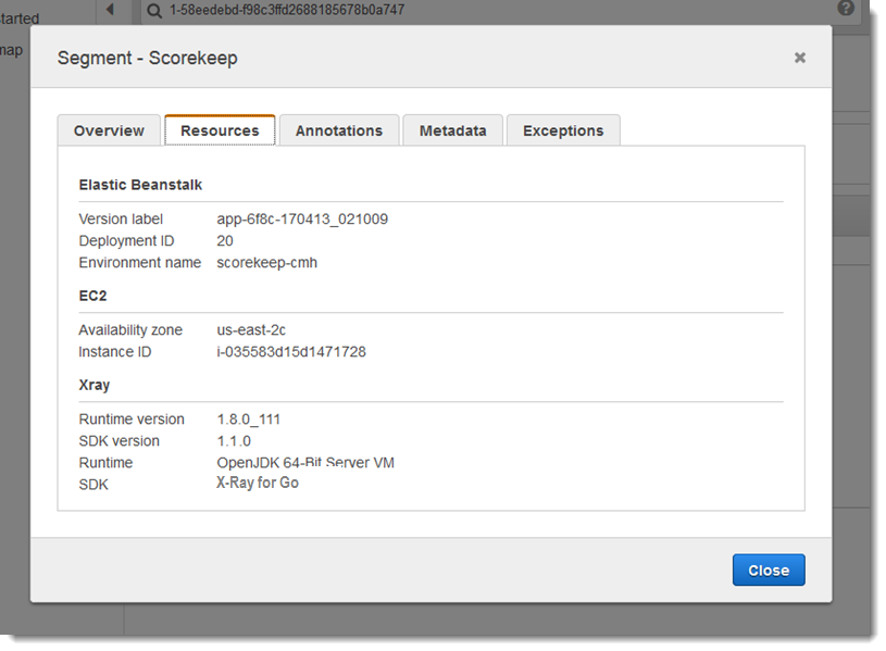 Segment - Scorekeep details showing Elastic Beanstalk, EC2, and Xray configuration information.